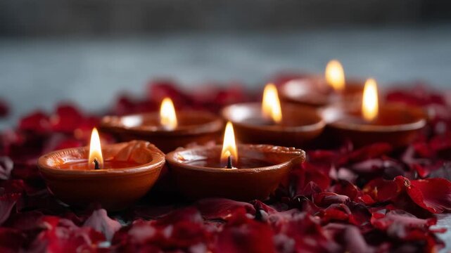 4k luxurious Diwali ceremonial setup captured in a medium-wide composition, showing a symmetrically arranged row of traditional terracotta diyas placed on a bed of rich red rose