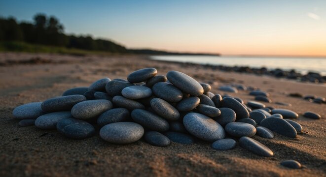Pile of smooth stones on a sandy beach at sunrise