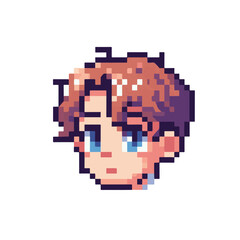 Fototapeta premium Charming pixel art avatar of a young man's face, featuring bright blue eyes and textured brown hair. This retro-style digital portrait is ideal for unique online profiles, gaming, or app icon design