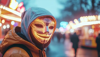 Portrait Stylish Man Wearing a Glowing Mask at Night Carnival Event. Ai Generated Images
