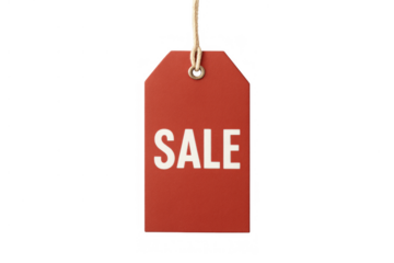 Red retail tag with sale text, hanging by a string, symbolizing discount, marketing, and special offer. Transparent background