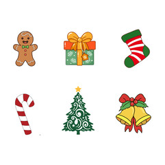 Cute Christmas icons set: gingerbread, gift, stocking, cane, tree, and bells