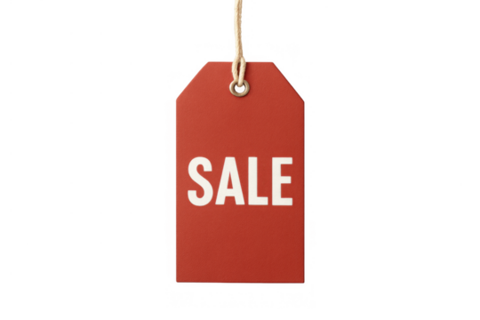 Red retail tag with sale text, hanging by a string, symbolizing discount, marketing, and special offer. Transparent background - Powered by Adobe