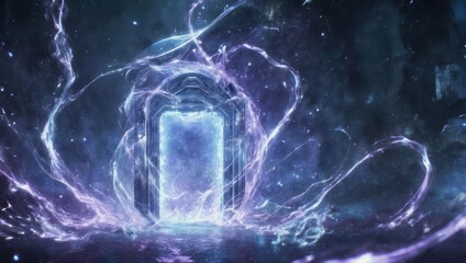 A glowing portal opens amid swirling energy in a cosmic, ethereal scene
