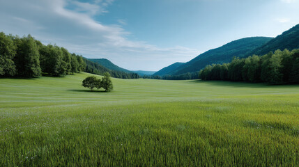Vast green meadow with single tree rolling hills blue sky peaceful landscape summer nature outdoor scenic tranquil daylight