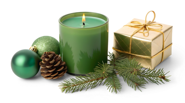 A green Christmas candle, pine cones and baubles decoration isolated on white or transparent background