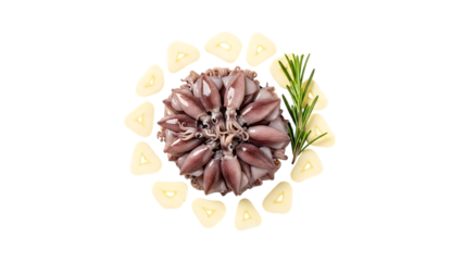 Baby Squid Garnished with Garlic and Rosemary Isolated on Transparent Background for Culinary Design