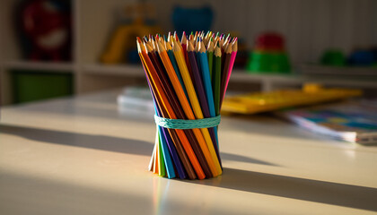 A vibrant bunch of colored pencils, neatly bundled with a rubber band, casting long shadows on a sunlit surface