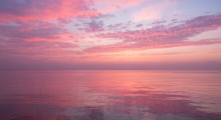 Pink sunset over calm water; soft clouds