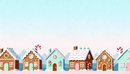 Fototapeta premium Cozy Gingerbread Village Illustration with Colorful Houses and Scenic Background for Winter Holidays