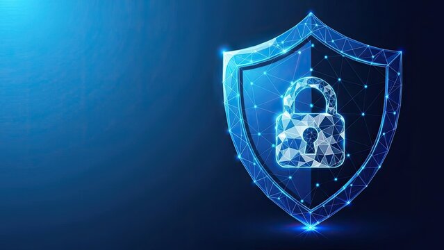 Digital shield with padlock icon symbolizing cybersecurity data protection and network security concept