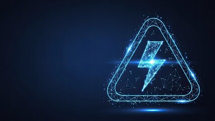 Digital warning sign with a glowing blue lightning bolt inside a triangular frame on a dark background
