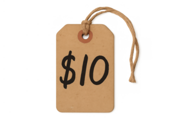 Price tag showing $10 on a rustic cardboard label with string, concept of sale, retail, discount, and shopping