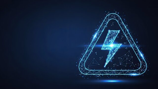 Digital warning sign with a glowing blue lightning bolt inside a triangular frame on a dark background