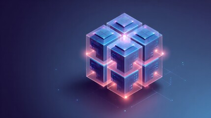 Digital data structure comprised of stacked server units forming a glowing cube in cyberspace