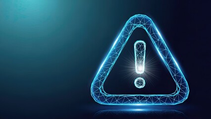 Digital warning sign with glowing exclamation mark in a futuristic polygon style on a dark blue background