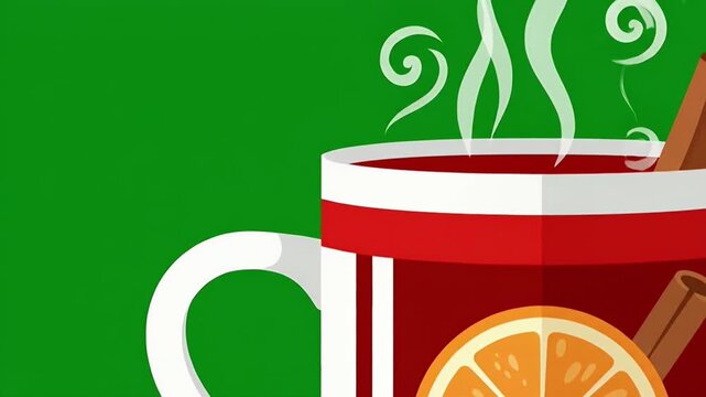 Steaming cup of spiced citrus beverage close up animation.