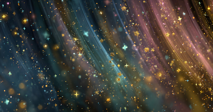 Glittering gradient background with hologram effect and magic lights. Holographic abstract fantasy backdrop with fairy sparkles, gold stars and festive blurs. .