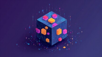 Illuminated digital cube structure floats above a dark background emitting streams of light particles