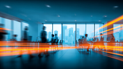 A dynamic office scene with people in motion suggesting teamwork, productivity, and the fast paced workflow of contemporary work environments.
