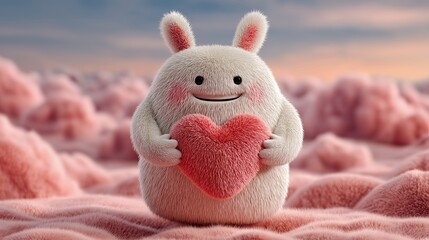 Cute White Fluffy 3D Monster Holding Red Heart. Romantic Valentine's Day Character Illustration