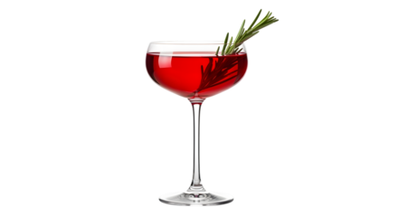 Red cocktail in wine glass with rosemary isolated on transparent background