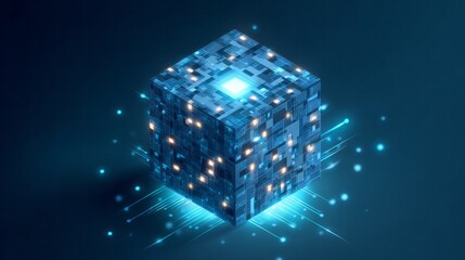 Illuminated digital data block pulses with energy against a dark background