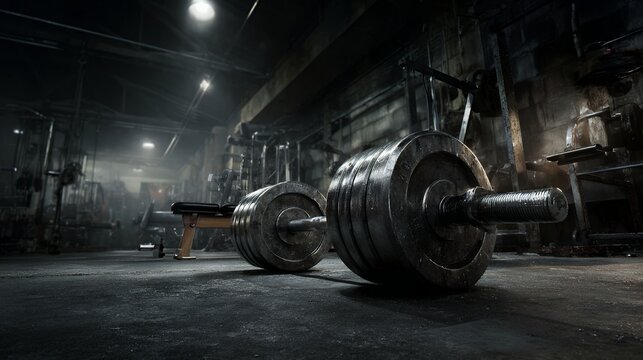 Dimly lit industrial gym interior featuring heavy metal barbells and rugged workout equipment