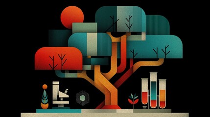 Stylized Tree of Knowledge with Microscope and Test Tubes. Retro Flat Grainy Science Illustration on Black