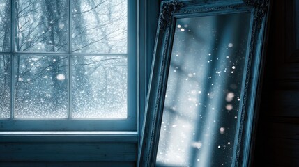 Obraz premium Tranquil Winter Scene with Snowy Window and Elegant Mirror Reflection