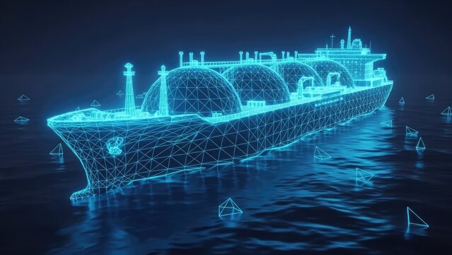 Futuristic holographic lng carrier ship navigating dark waters with digital blue glow