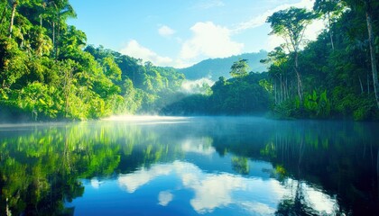 A tranquil scene of a lake surrounded by a vibrant green jungle, with the sky and clouds reflected in the water. The image evokes a sense of peace and natural b