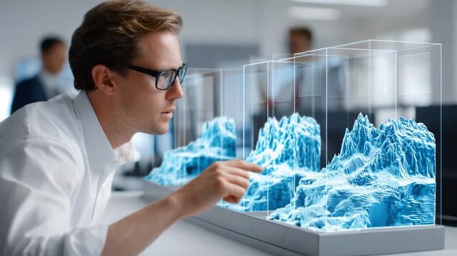 Analyst's Innovative Outlook: A forward-thinking analyst, wearing glasses, meticulously examines a detailed 3D topographic model in a modern office, envisioning future possibilities. 