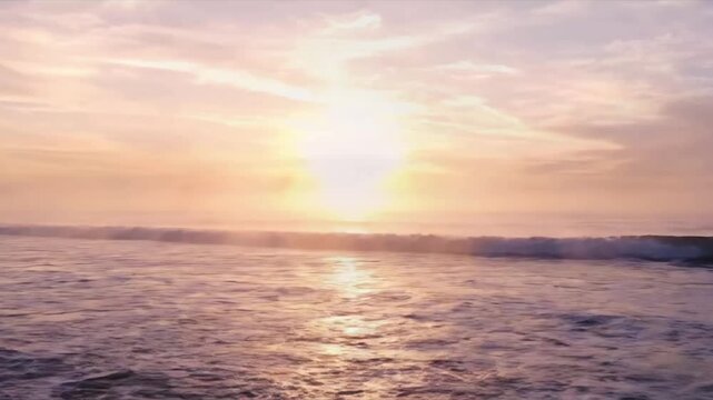 Wavy ocean waves at dusk with high key atmospheric under side effect atmospheric high key style featuring mist, clouds, ocean waves, dawn, cinematic 4k animated overlay, seamless loop stock footage