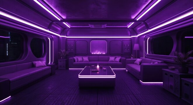Purple, futuristic lounge with neon lighting. Large windows show a cityscape outside