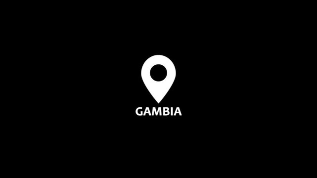 White and black location pin icon with GAMBIA text animation on black background. This location icon is from gambia. Location pin icon, map marker icon, destination icon, travel location, country..