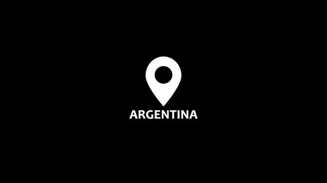 White and black location pin icon with ARGENTINA text animation on black background. This location icon is from argentina. Location pin icon, map marker icon, destination icon.