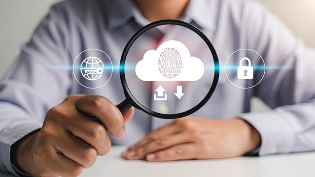 Magnifying glass focused on cloud computing icons representing data security and digital transformation