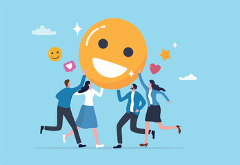 Employee satisfaction, workplace happiness or success team motivation, employee engagement or participation, feedback or company survey rating concept, business people employee with smile happy face.