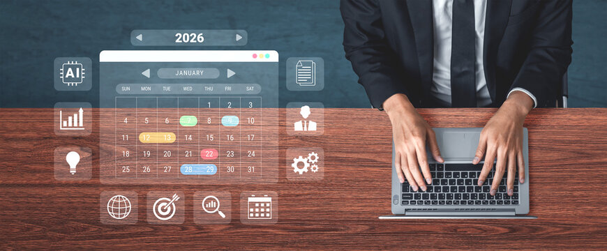 2026 calendar interface surrounded by AI, data, and business icons representing scheduling, planning, and productivity management Parse - Powered by Adobe