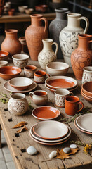 Traditional handmade pottery displayed on rustic table.