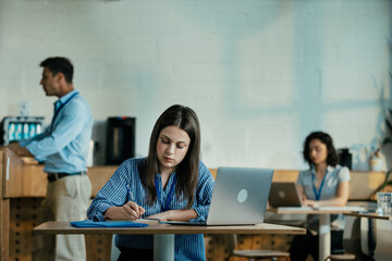 Fototapeta premium Female Student Taking Notes from Online Lecture in Sunny University Cafeteria During Lunch