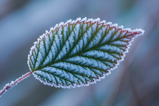 Close up of a frosty leaf with intricate veins in soft blue light
