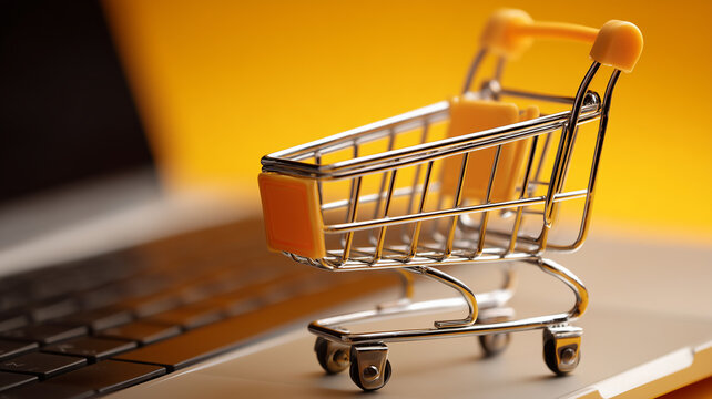 An ecommerce concept featuring a miniature shopping cart placed on a laptop symbolizing online purchasing retail growth and modern digital consumer behavior.
- Powered by Adobe