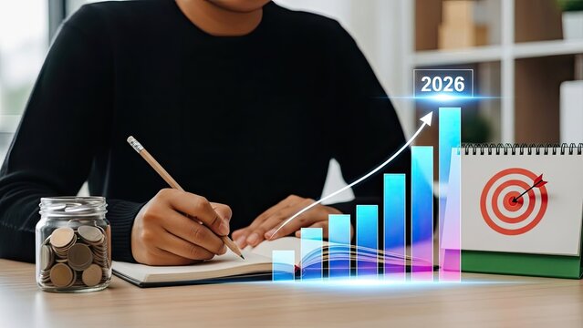 Man writing in notebook with rising financial graph and target symbol representing business growth and future success