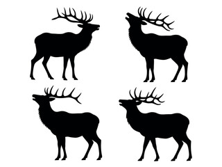 Fototapeta premium Four black silhouettes of elk with large antlers stand on a white background, showcasing their majestic forms.