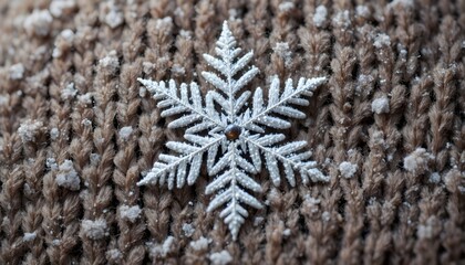Close up of a silver snowflake ornament resting on brown knitted fabric
