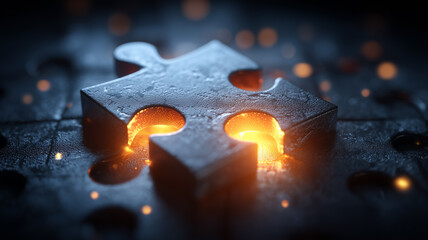 A strategic puzzle piece concept illuminated from within to symbolize problem solving and the emergence of powerful solutions in complex scenarios.
