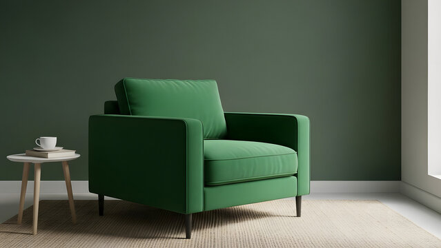Emerald armchair in a serene room evoking sophistication and contemporary design in a minimalist and stylish interior
