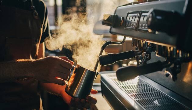 Skilled barista passionately steaming fresh milk for a cappuccino using a professional espresso machine in a cozy coffee shop - Powered by Adobe